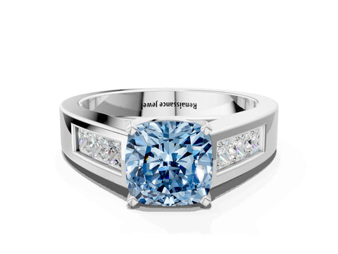 White gold Fancy Blue Cushion Cut Cut Channel Set Solitaire Ring with Four-Prong Setting_12
