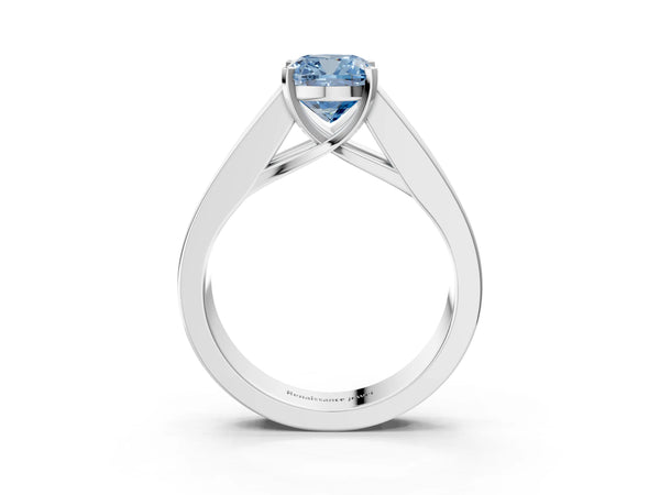 White gold Fancy Blue Cushion Cut Cut Channel Set Solitaire Ring with Four-Prong Setting