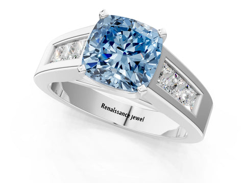 White gold Fancy Blue Cushion Cut Cut Channel Set Solitaire Ring with Four-Prong Setting_1