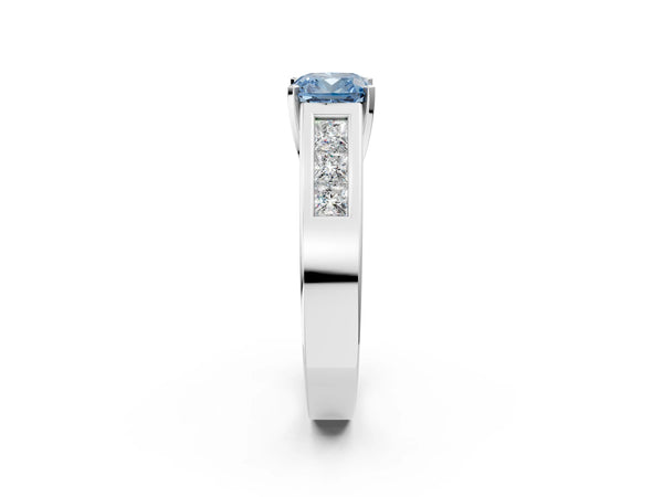 White gold Fancy Blue Cushion Cut Cut Channel Set Solitaire Ring with Four-Prong Setting