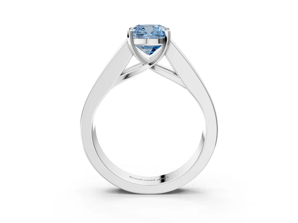 White gold Fancy Blue Cushion Cut Cut Channel Set Solitaire Ring with Four-Prong Setting