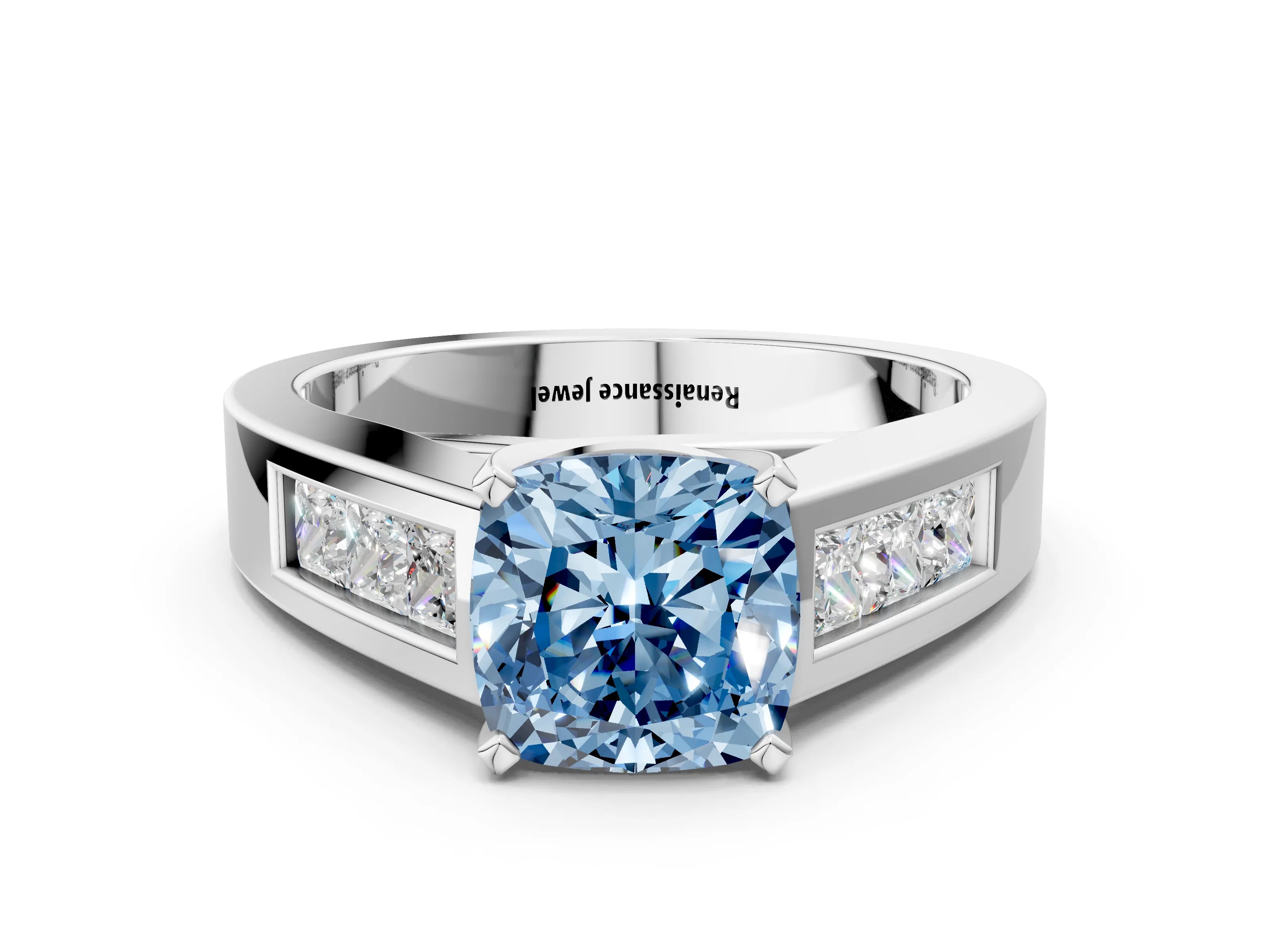 White gold Fancy Blue Cushion Cut Cut Channel Set Solitaire Ring with Four-Prong Setting