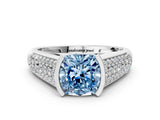 White gold Fancy Blue Cushion Cut Cut Diamond Channel Set Pave Band with Tension Prong Setting