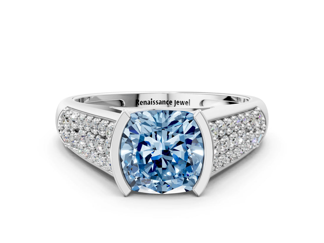 White gold Fancy Blue Cushion Cut Cut Diamond Channel Set Pave Band with Tension Prong Setting