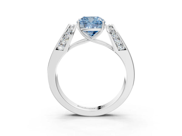 Platinum Fancy Blue Cushion Cut Cut Diamond Channel Set Solitaire Ring with Four-Prong Setting