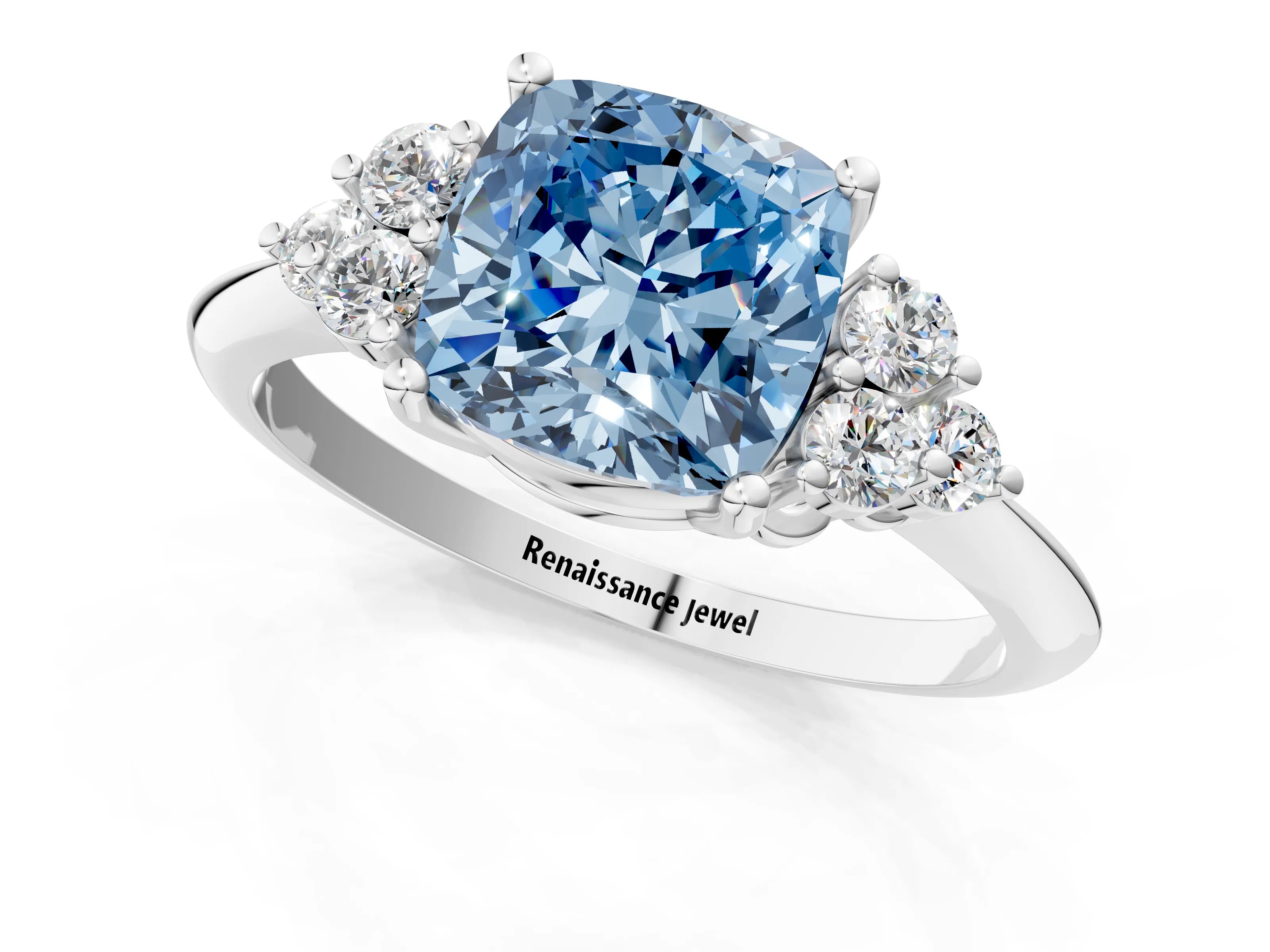 White gold Fancy Blue Cushion Cut Cut Diamond Cluster Ring with Solitaire Band and Four-Prong Setting_13