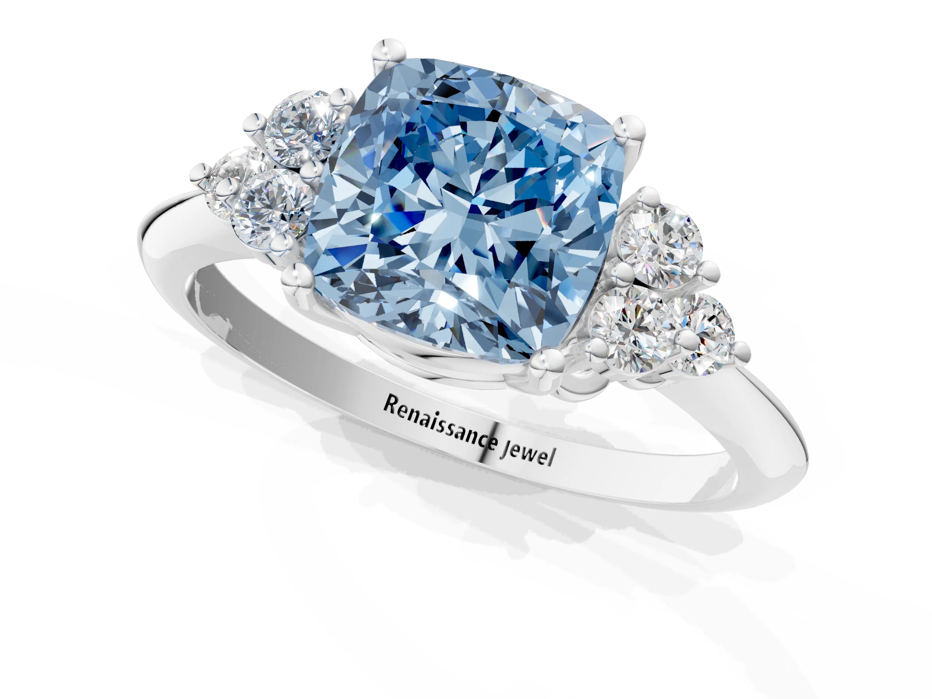 White gold Fancy Blue Cushion Cut Cut Diamond Cluster Ring with Solitaire Band and Four-Prong Setting_37