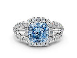 White gold Fancy Blue Cushion Cut Cut Diamond Halo Engagement Ring with Open Split Pavé Band