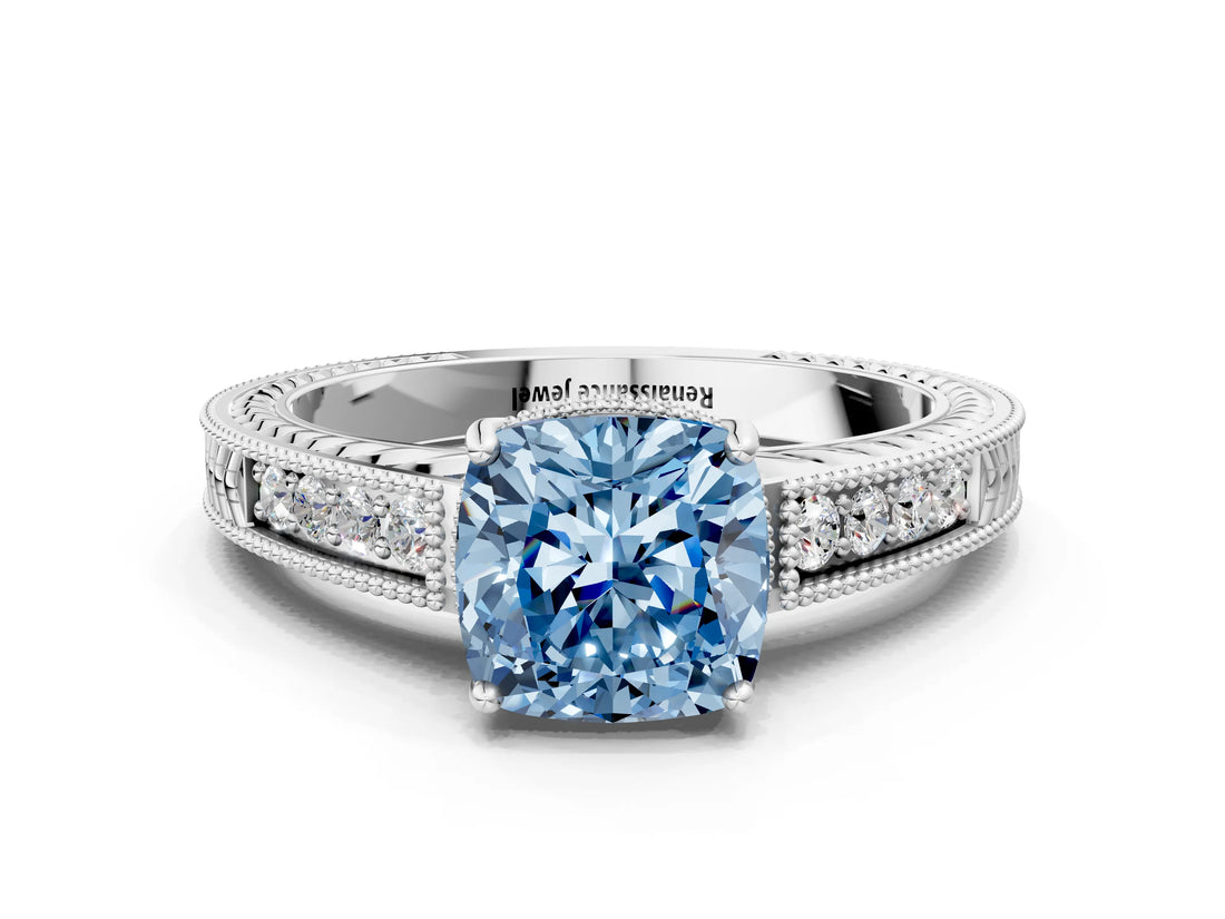 White gold Fancy Blue Cushion Cut Cut Diamond Milgrain Pave Band Four-Prong Setting Ring_15