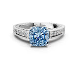 White gold Fancy Blue Cushion Cut Cut Diamond Milgrain Pave Band Four-Prong Setting Ring_15