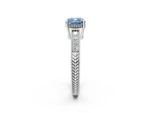 Platinum Fancy Blue Cushion Cut Cut Diamond Milgrain Pave Band Four-Prong Setting Ring