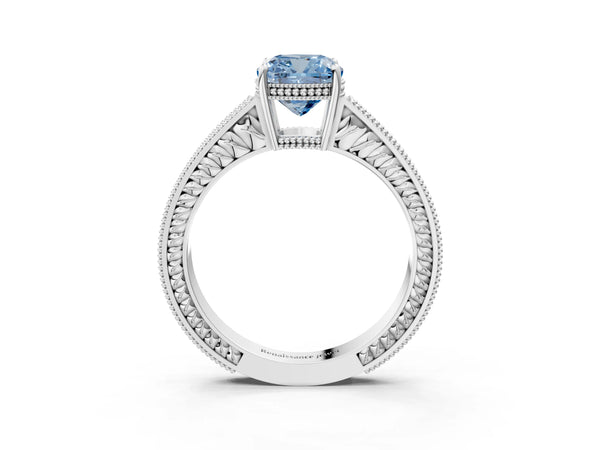 Platinum Fancy Blue Cushion Cut Cut Diamond Milgrain Pave Band Four-Prong Setting Ring