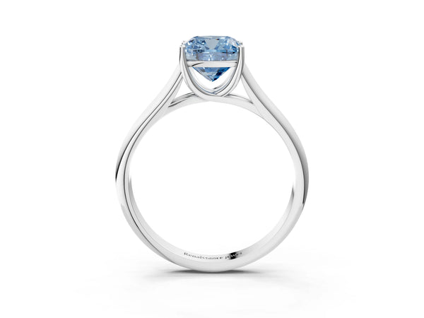 White gold Fancy Blue Cushion Cut Cut Diamond Solitaire Engagement Ring with Tapered Plain Band and Four-Prong Setting