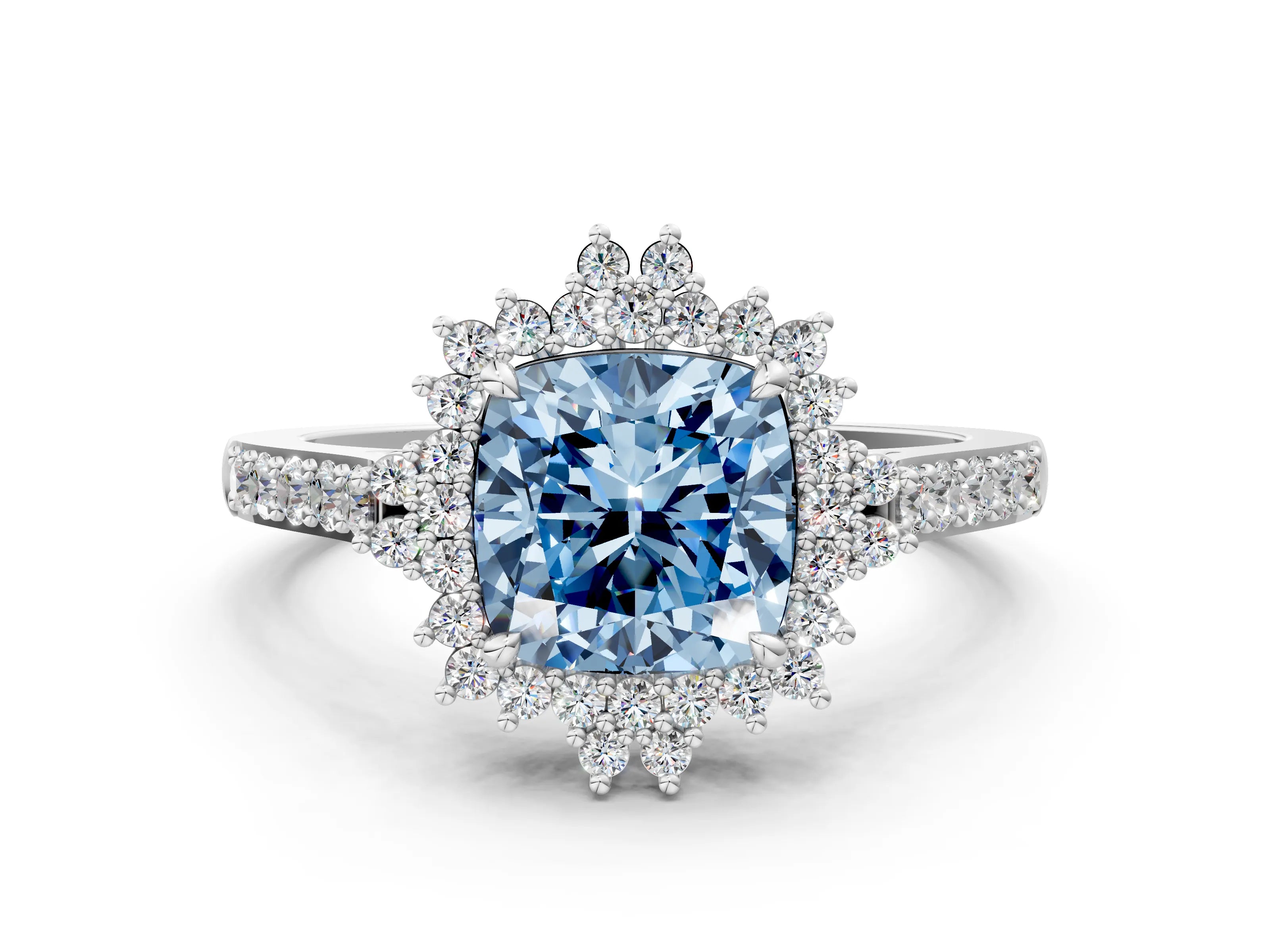 White gold Fancy Blue Cushion Cut Cut Diamond Sunburst Halo Engagement Ring with Pavé Band