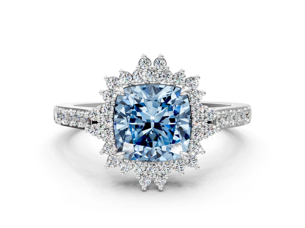 Platinum Fancy Blue Cushion Cut Cut Diamond Sunburst Halo Engagement Ring with Pavé Band