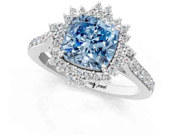 Platinum Fancy Blue Cushion Cut Cut Diamond Sunburst Halo Engagement Ring with Pavé Band