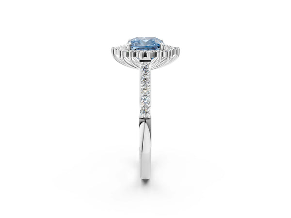 Platinum Fancy Blue Cushion Cut Cut Diamond Sunburst Halo Engagement Ring with Pavé Band
