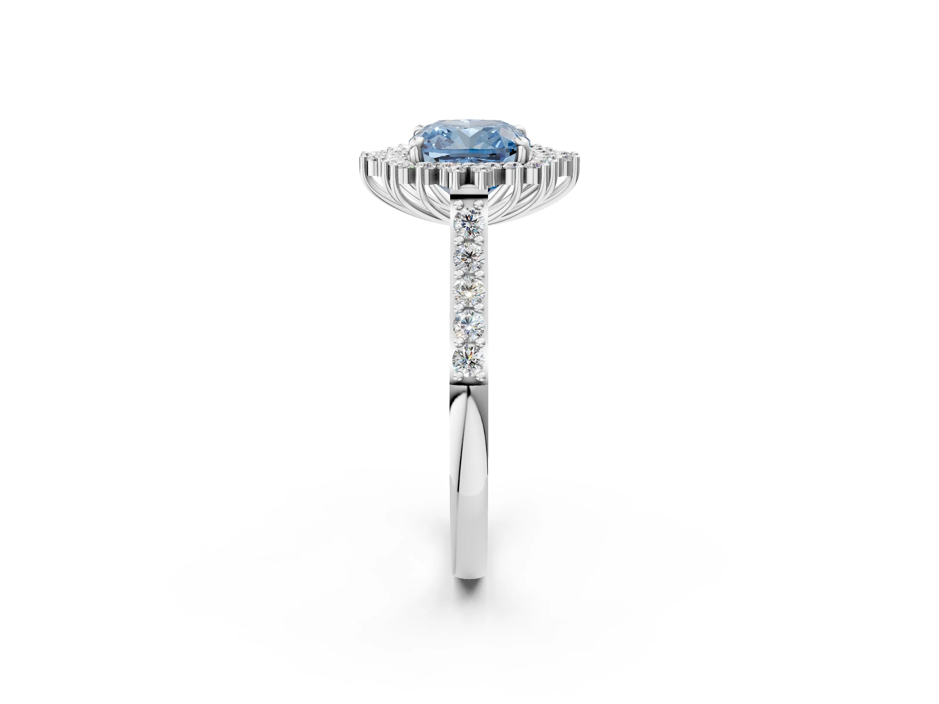 White gold Fancy Blue Cushion Cut Cut Diamond Sunburst Halo Engagement Ring with Pavé Band_14