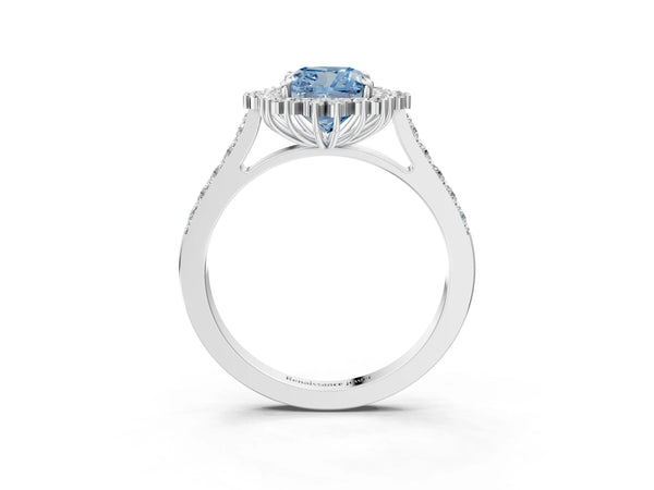 Platinum Fancy Blue Cushion Cut Cut Diamond Sunburst Halo Engagement Ring with Pavé Band