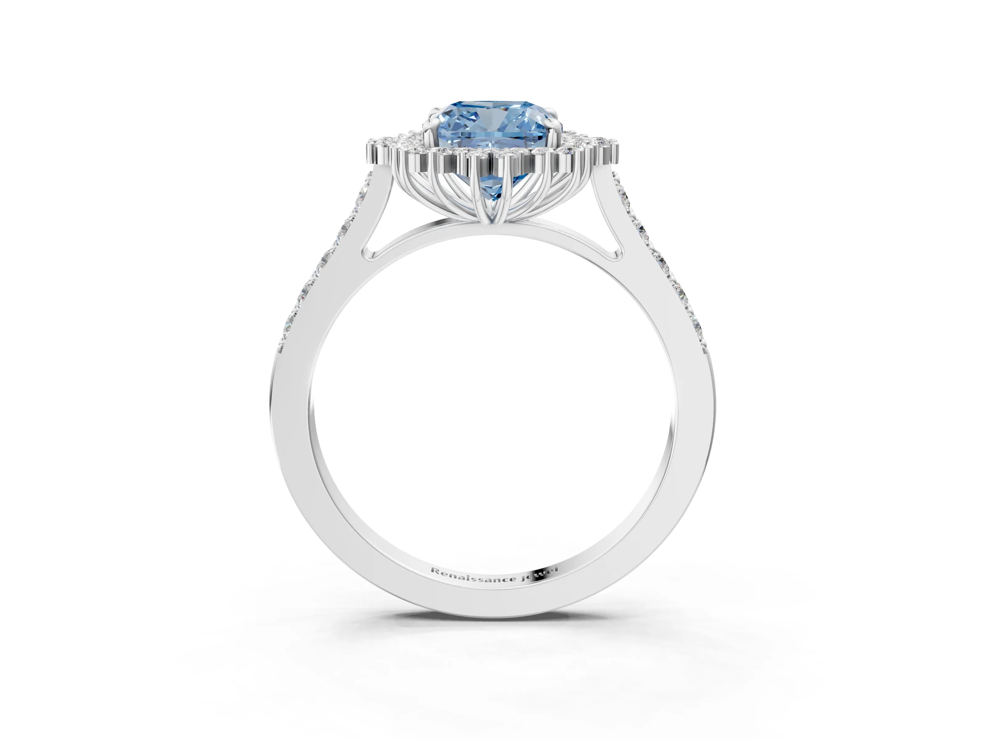 White gold Fancy Blue Cushion Cut Cut Diamond Sunburst Halo Engagement Ring with Pavé Band_15
