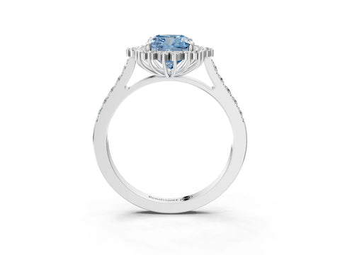 White gold Fancy Blue Cushion Cut Cut Diamond Sunburst Halo Engagement Ring with Pavé Band_15