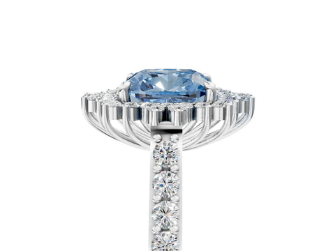 White gold Fancy Blue Cushion Cut Cut Diamond Sunburst Halo Engagement Ring with Pavé Band_17