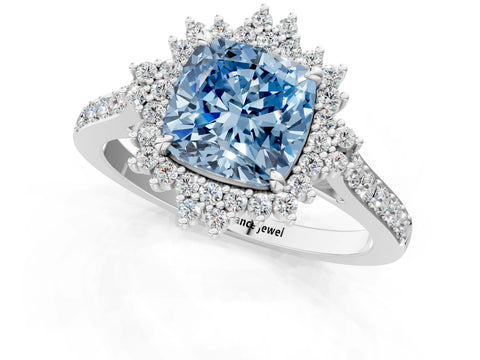 White gold Fancy Blue Cushion Cut Cut Diamond Sunburst Halo Engagement Ring with Pavé Band_1