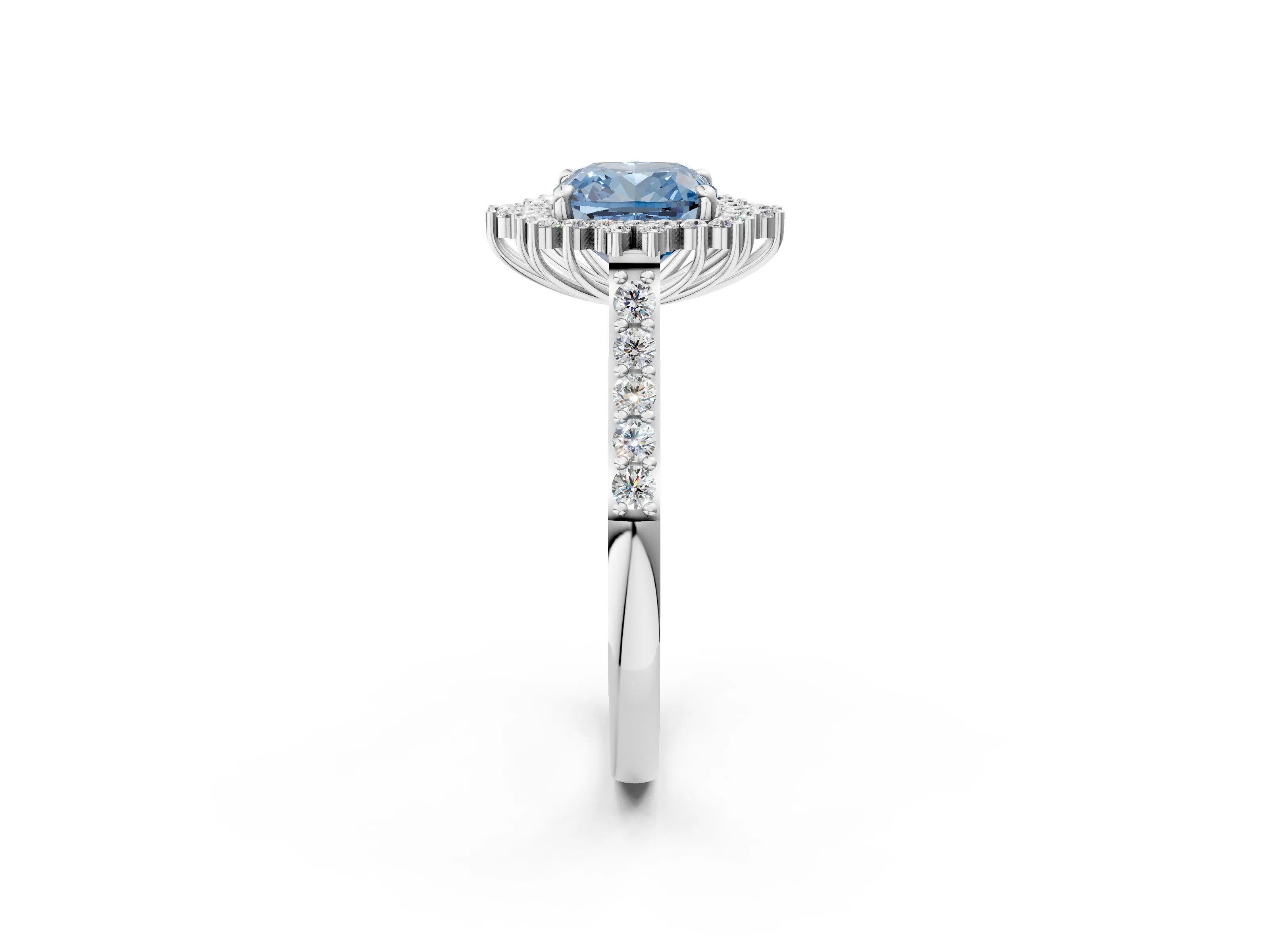 White gold Fancy Blue Cushion Cut Cut Diamond Sunburst Halo Engagement Ring with Pavé Band_2