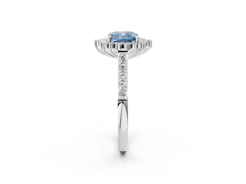 White gold Fancy Blue Cushion Cut Cut Diamond Sunburst Halo Engagement Ring with Pavé Band_2