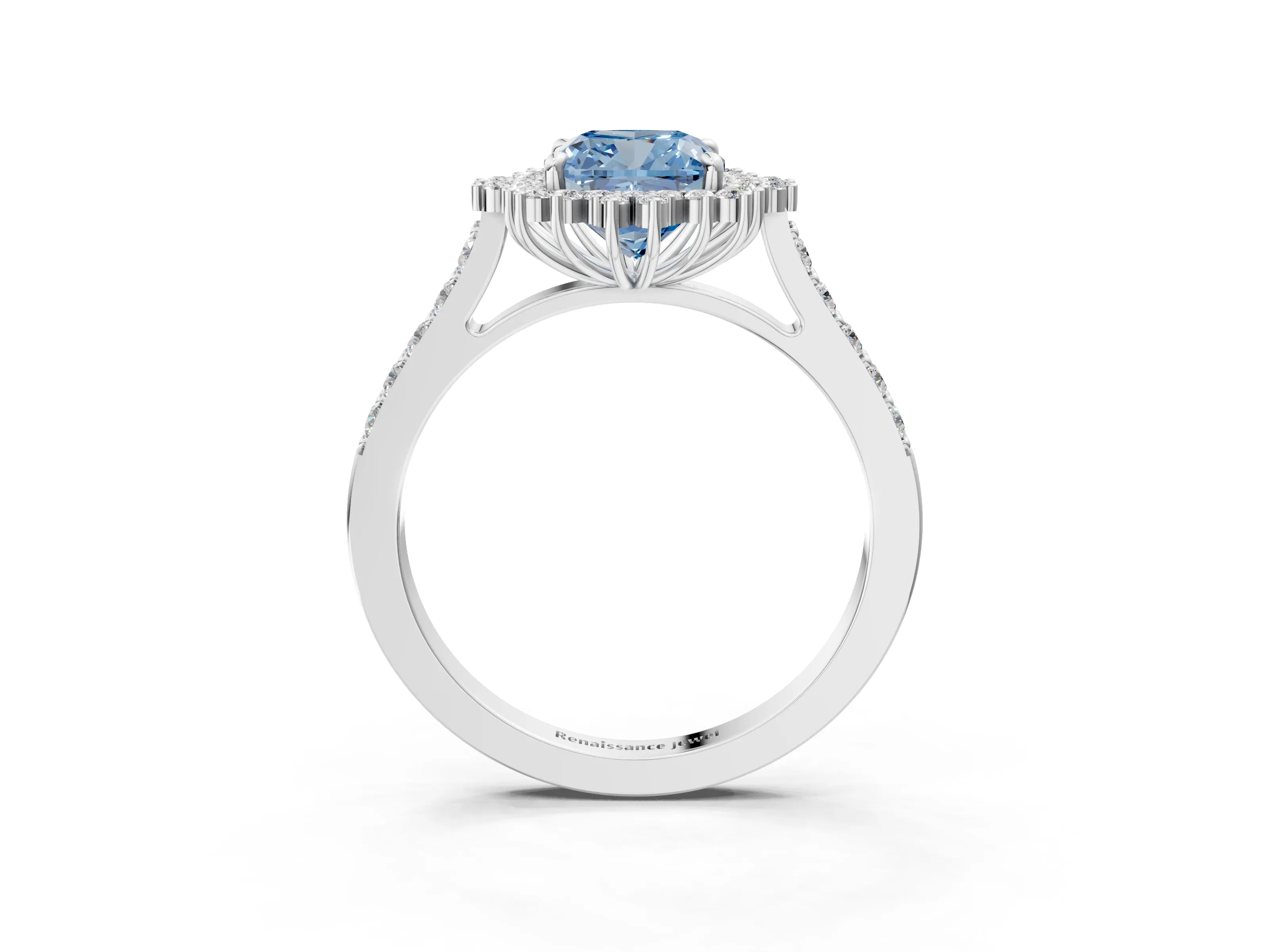 White gold Fancy Blue Cushion Cut Cut Diamond Sunburst Halo Engagement Ring with Pavé Band_3