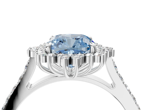 White gold Fancy Blue Cushion Cut Cut Diamond Sunburst Halo Engagement Ring with Pavé Band_4