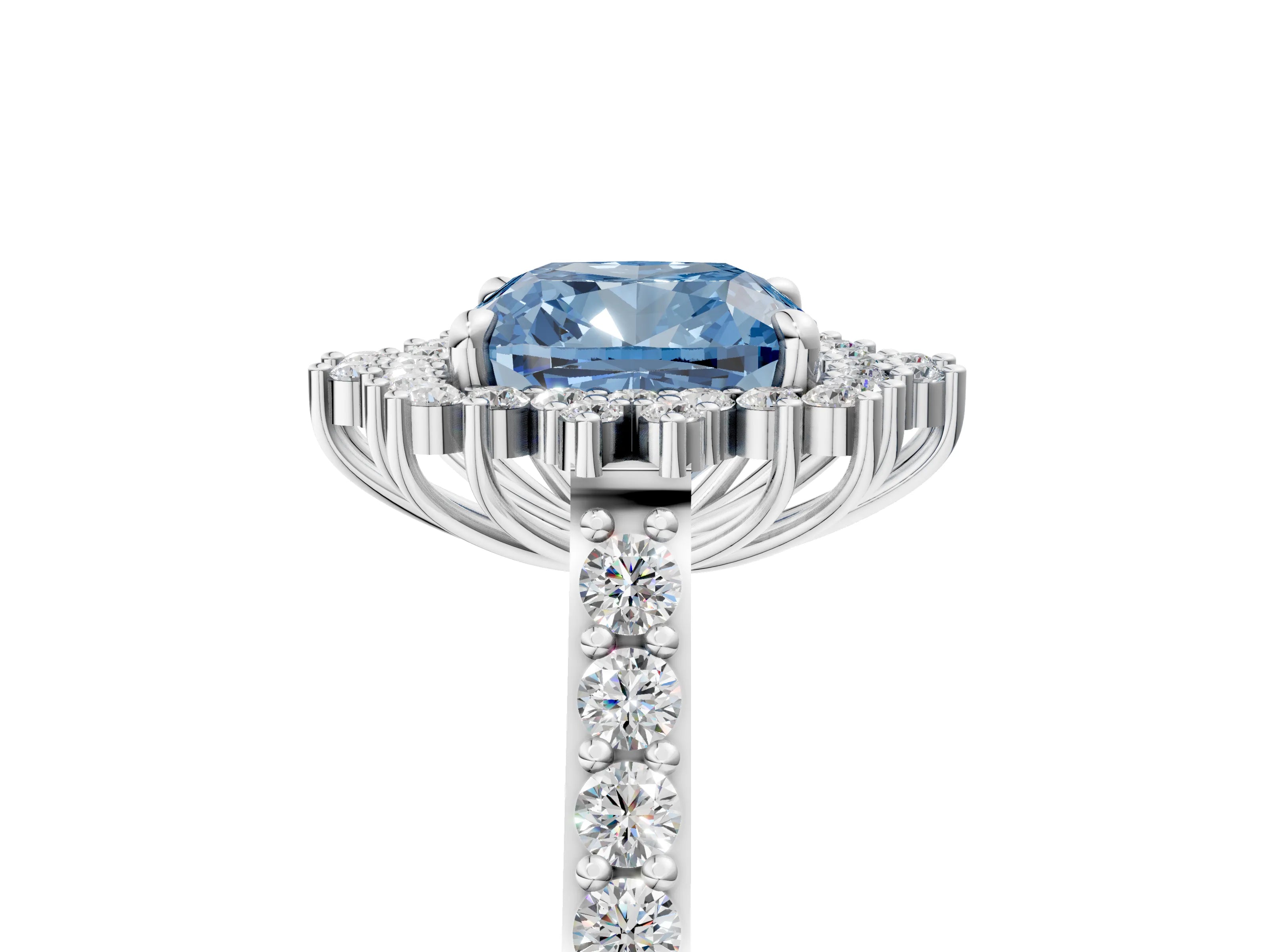 White gold Fancy Blue Cushion Cut Cut Diamond Sunburst Halo Engagement Ring with Pavé Band_5