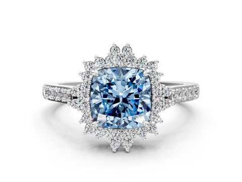 White gold Fancy Blue Cushion Cut Cut Diamond Sunburst Halo Engagement Ring with Pavé Band