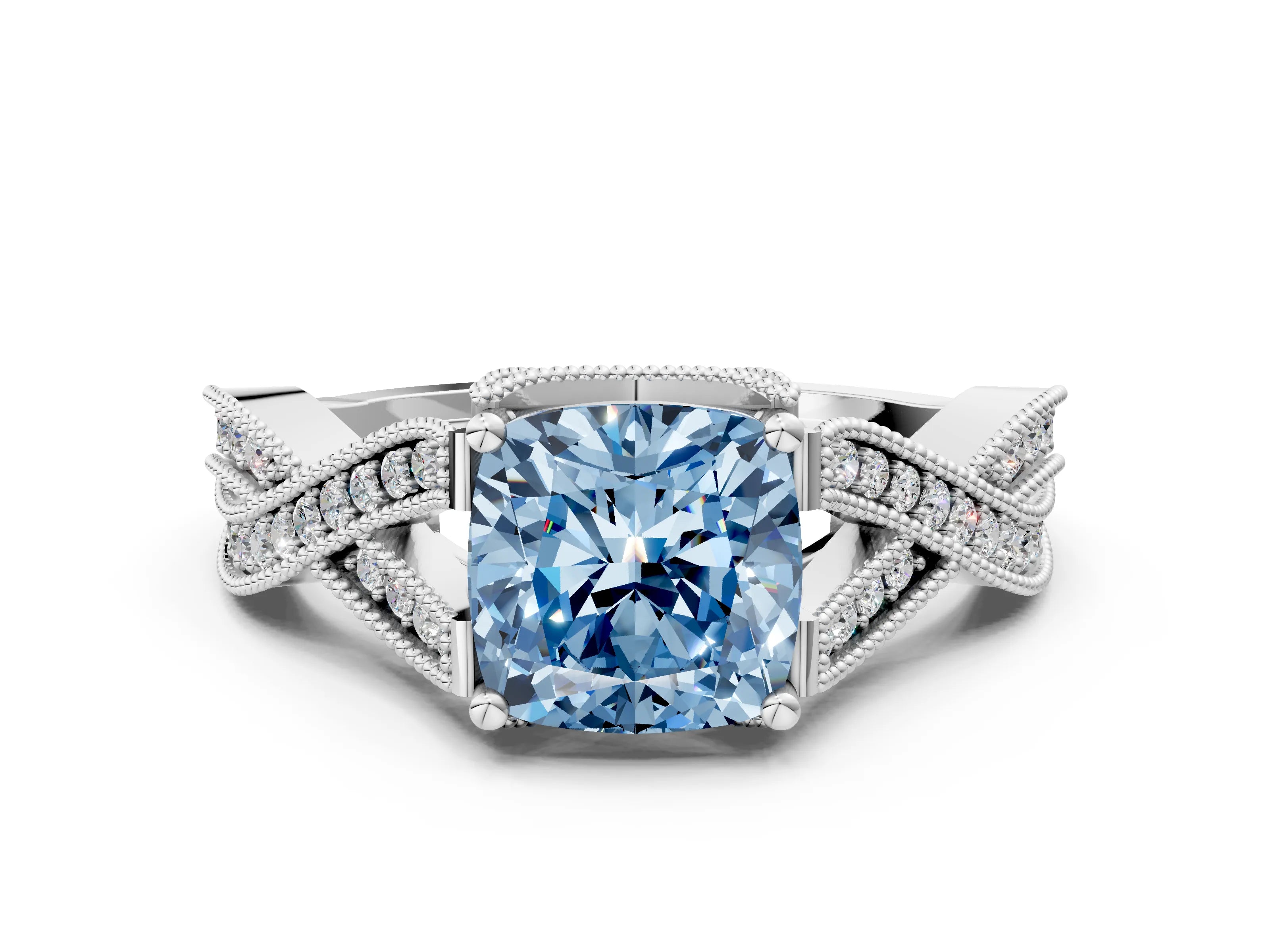 White gold Fancy Blue Cushion Cut Cut Diamond Twisted Band with Milgrain Pave Setting and Four-Prong Setting_12