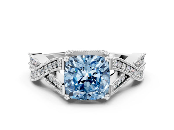 White gold Fancy Blue Cushion Cut Cut Diamond Twisted Band with Milgrain Pave Setting and Four-Prong Setting
