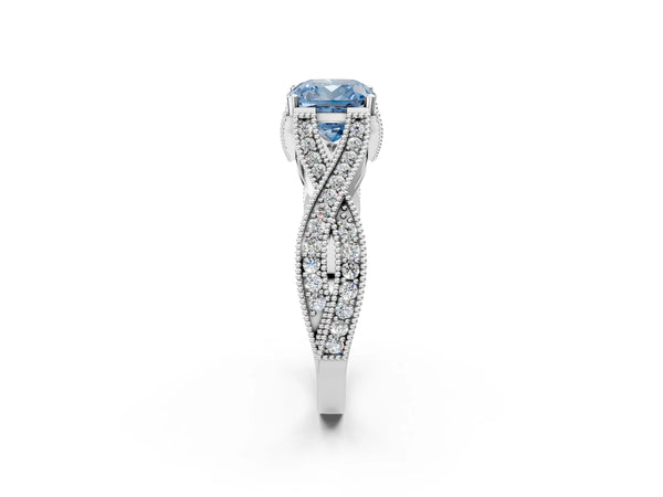 White gold Fancy Blue Cushion Cut Cut Diamond Twisted Band with Milgrain Pave Setting and Four-Prong Setting