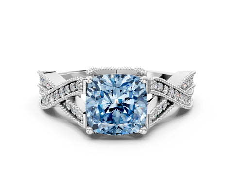 White gold Fancy Blue Cushion Cut Cut Diamond Twisted Band with Milgrain Pave Setting and Four-Prong Setting