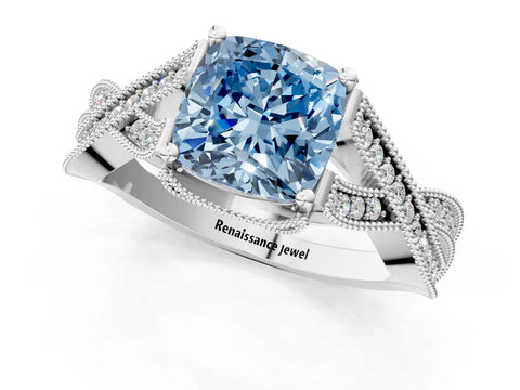 White gold Fancy Blue Cushion Cut Cut Diamond Twisted Band with Milgrain Pave Setting and Four-Prong Setting_1
