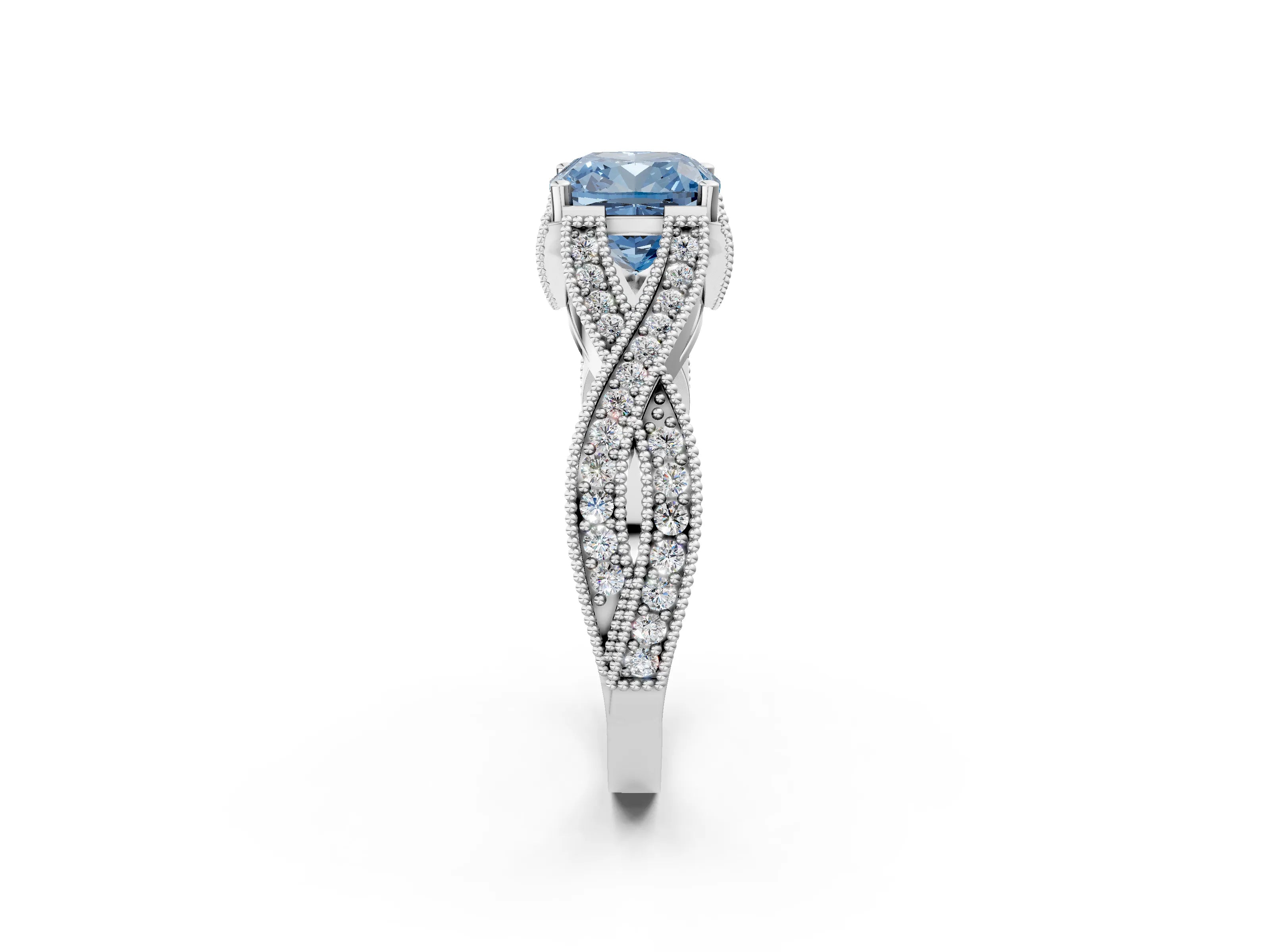White gold Fancy Blue Cushion Cut Cut Diamond Twisted Band with Milgrain Pave Setting and Four-Prong Setting_2