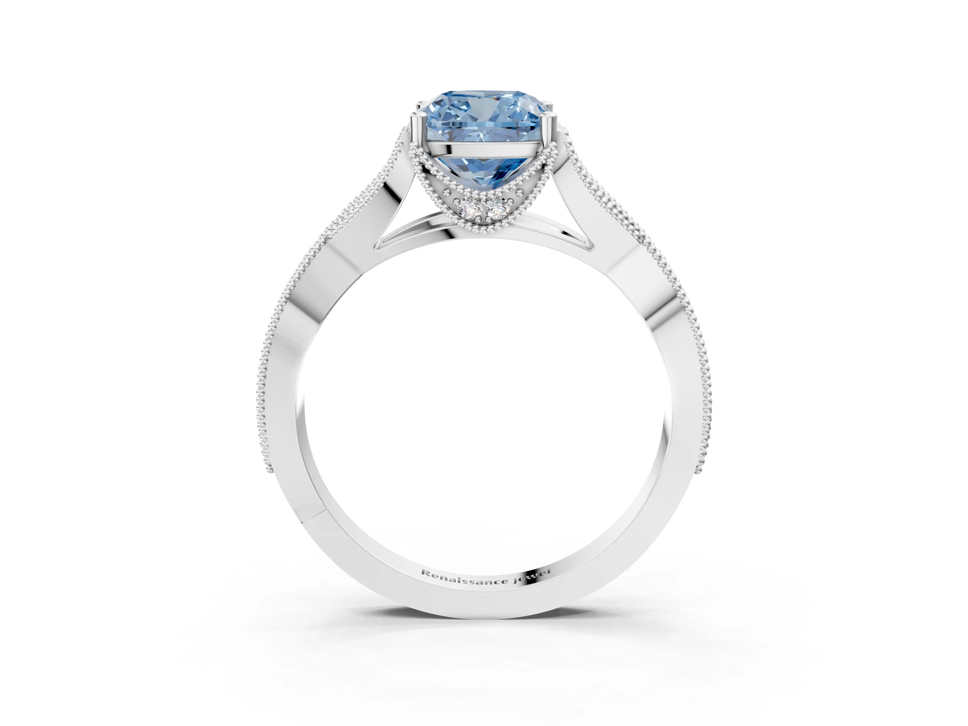 White gold Fancy Blue Cushion Cut Cut Diamond Twisted Band with Milgrain Pave Setting and Four-Prong Setting_3
