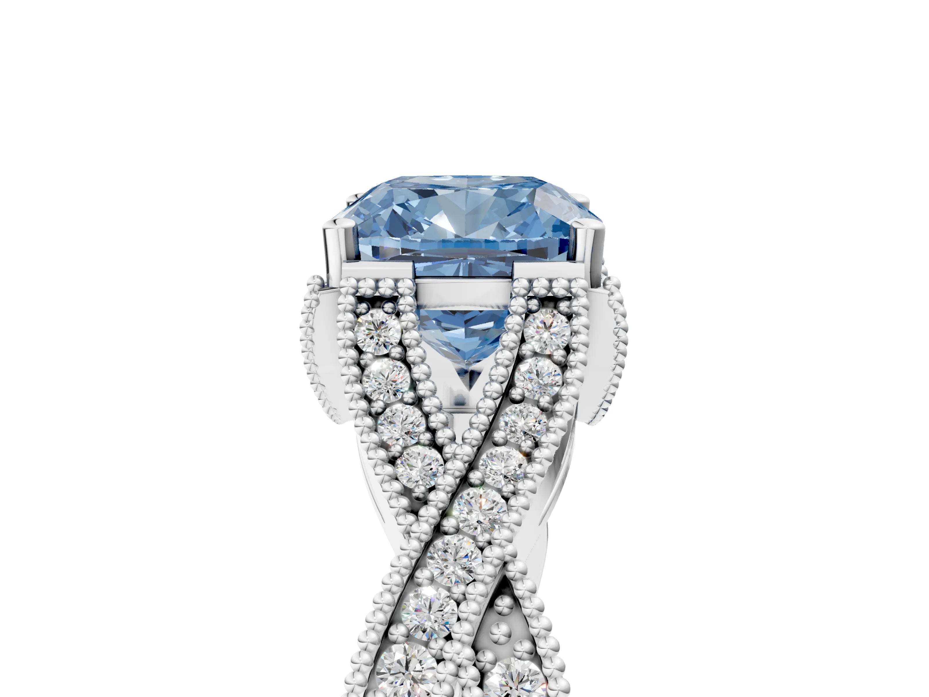 White gold Fancy Blue Cushion Cut Cut Diamond Twisted Band with Milgrain Pave Setting and Four-Prong Setting_5