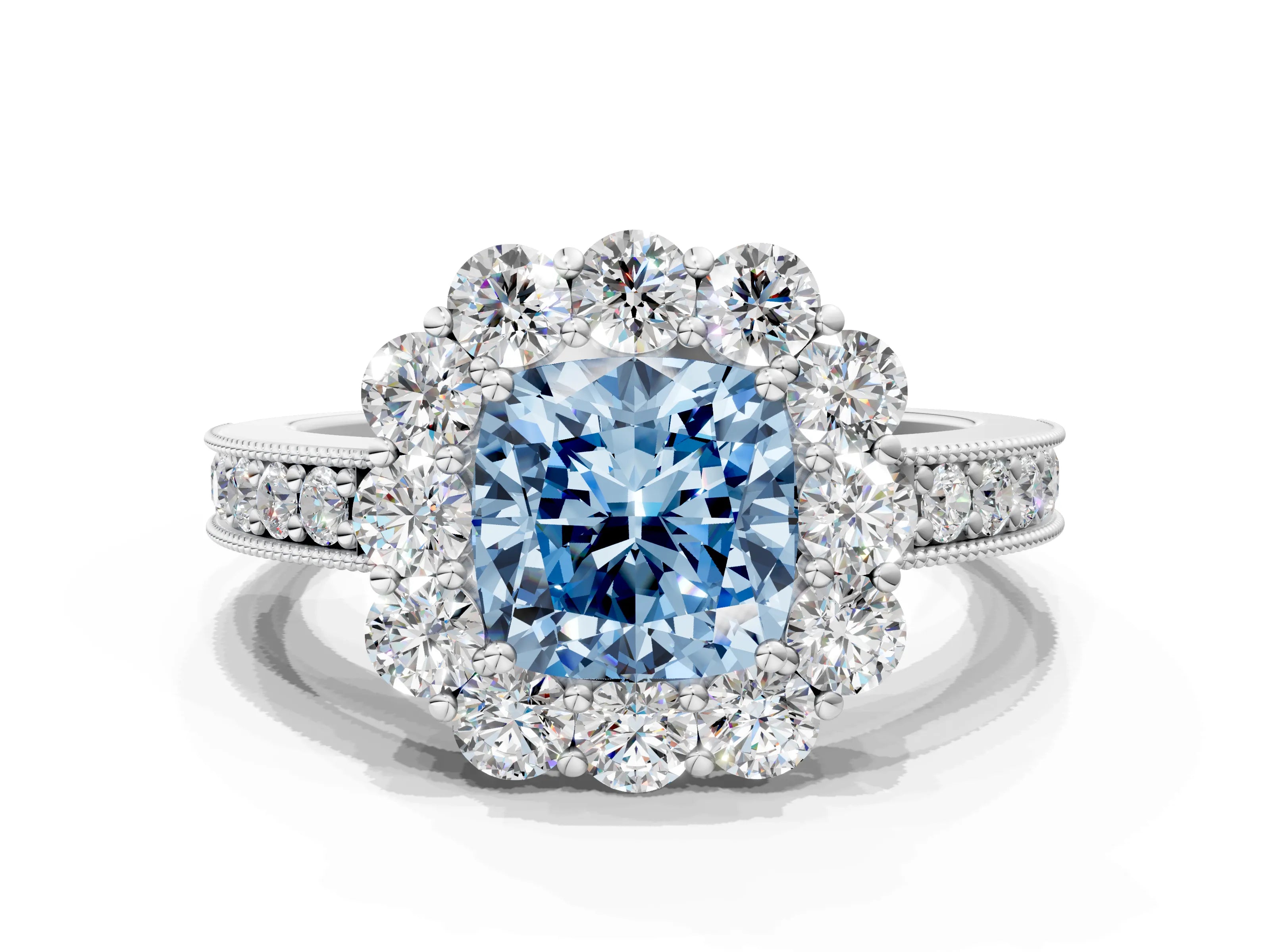 White gold Fancy Blue Cushion Cut Cut Halo Diamond Pavé Engagement Ring with Milgrain Detailing
