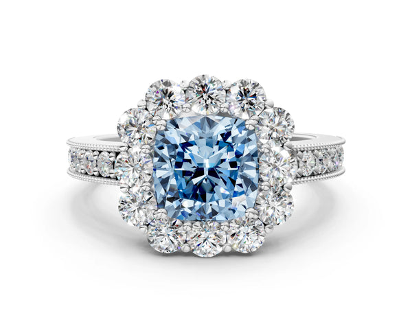 White gold Fancy Blue Cushion Cut Cut Halo Diamond Pavé Engagement Ring with Milgrain Detailing