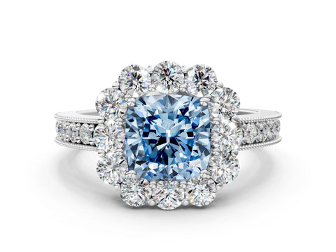 White gold Fancy Blue Cushion Cut Cut Halo Diamond Pavé Engagement Ring with Milgrain Detailing_12