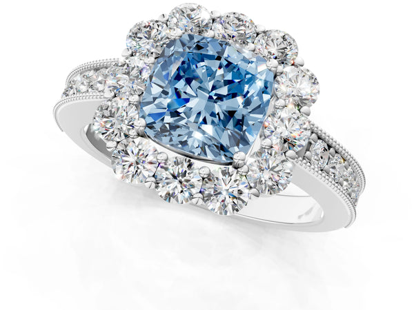 White gold Fancy Blue Cushion Cut Cut Halo Diamond Pavé Engagement Ring with Milgrain Detailing