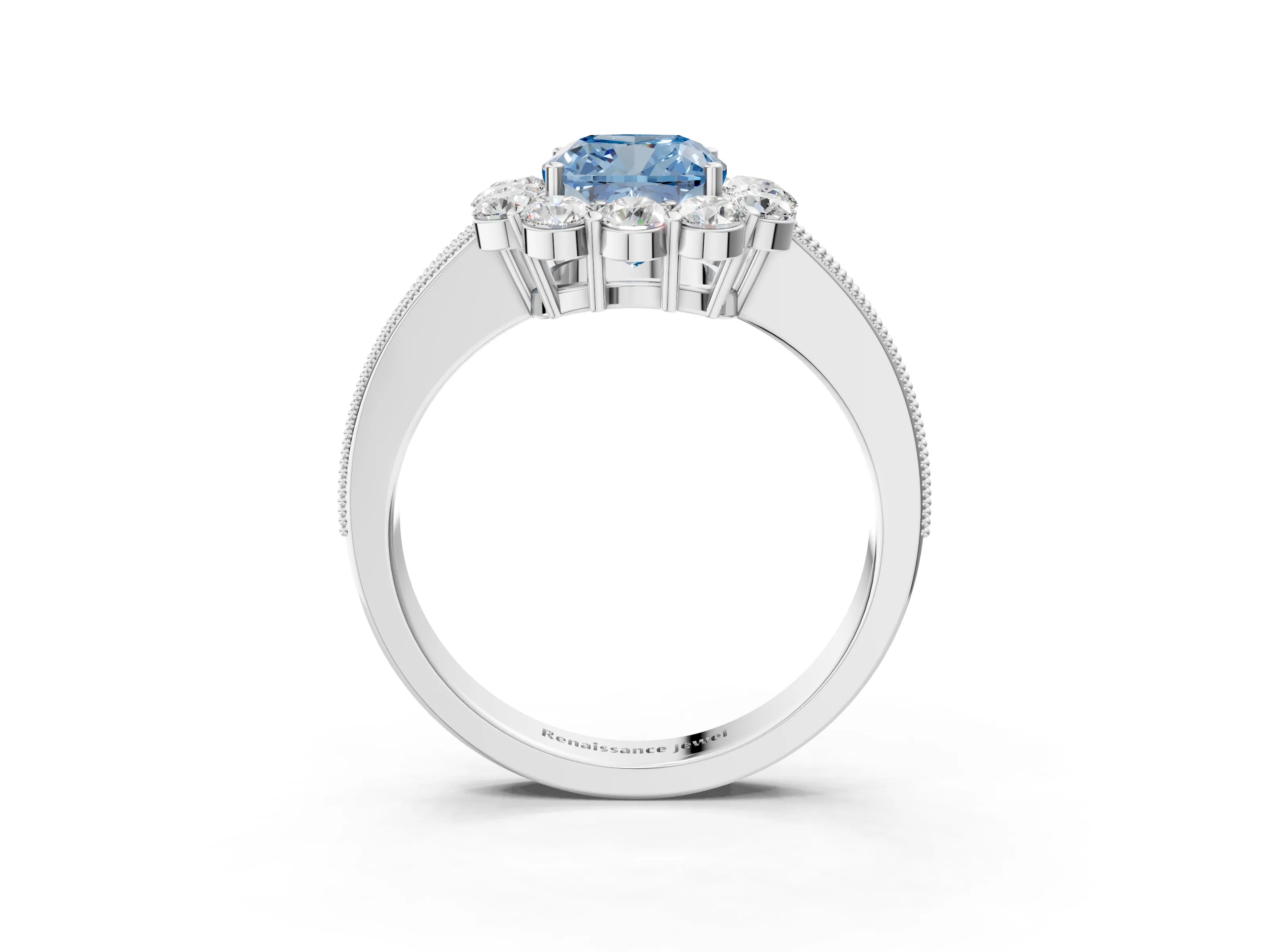 White gold Fancy Blue Cushion Cut Cut Halo Diamond Pavé Engagement Ring with Milgrain Detailing_15