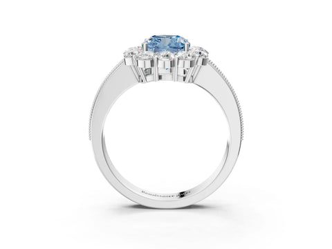 White gold Fancy Blue Cushion Cut Cut Halo Diamond Pavé Engagement Ring with Milgrain Detailing_15