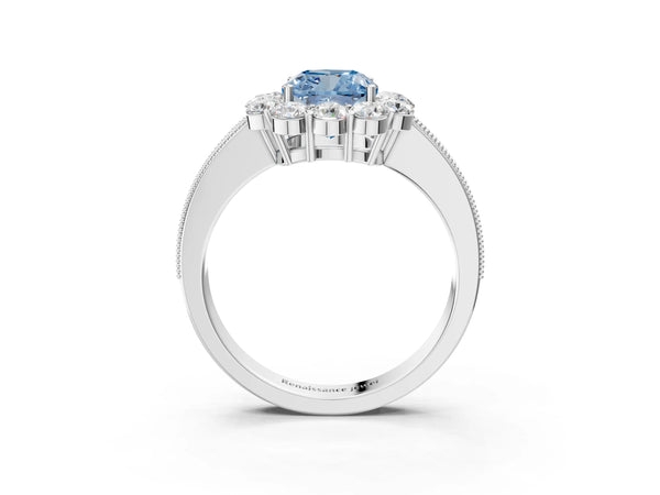 White gold Fancy Blue Cushion Cut Cut Halo Diamond Pavé Engagement Ring with Milgrain Detailing