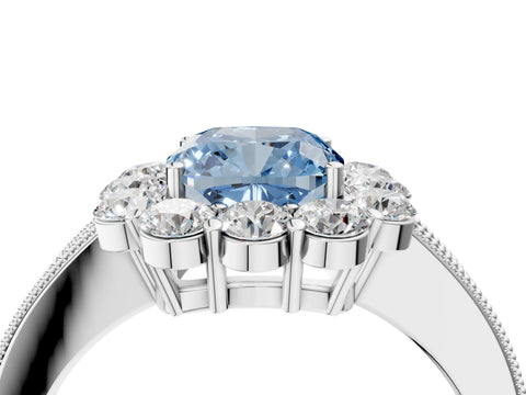 White gold Fancy Blue Cushion Cut Cut Halo Diamond Pavé Engagement Ring with Milgrain Detailing_16