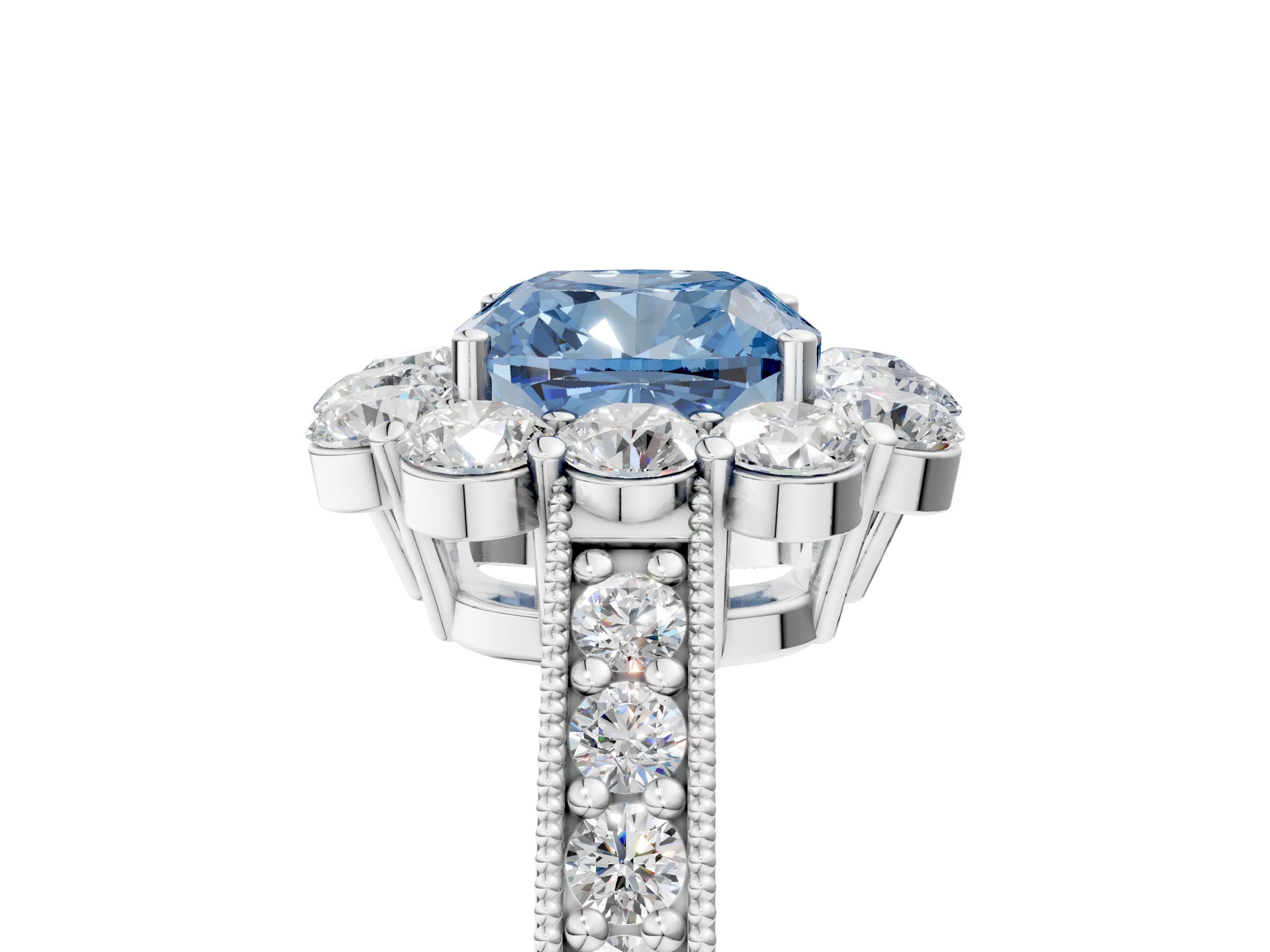 White gold Fancy Blue Cushion Cut Cut Halo Diamond Pavé Engagement Ring with Milgrain Detailing_17